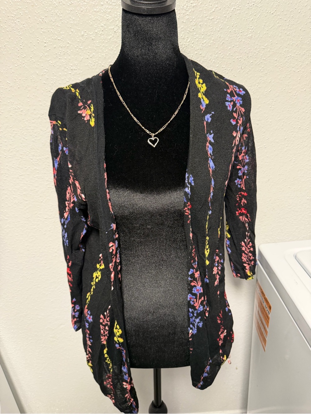 Grace Black Open-Front Cardigan with Pink, Blue & Yellow Floral Stripes